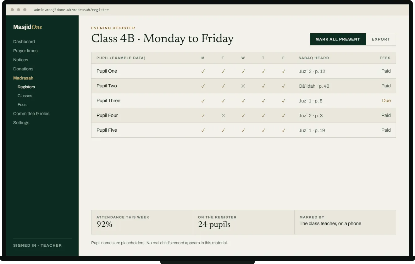 Interface preview of a madrasah evening register: a week of attendance marks per pupil, who is absent, and whether the register has been submitted. Pupil names are placeholders and no real child's record appears.