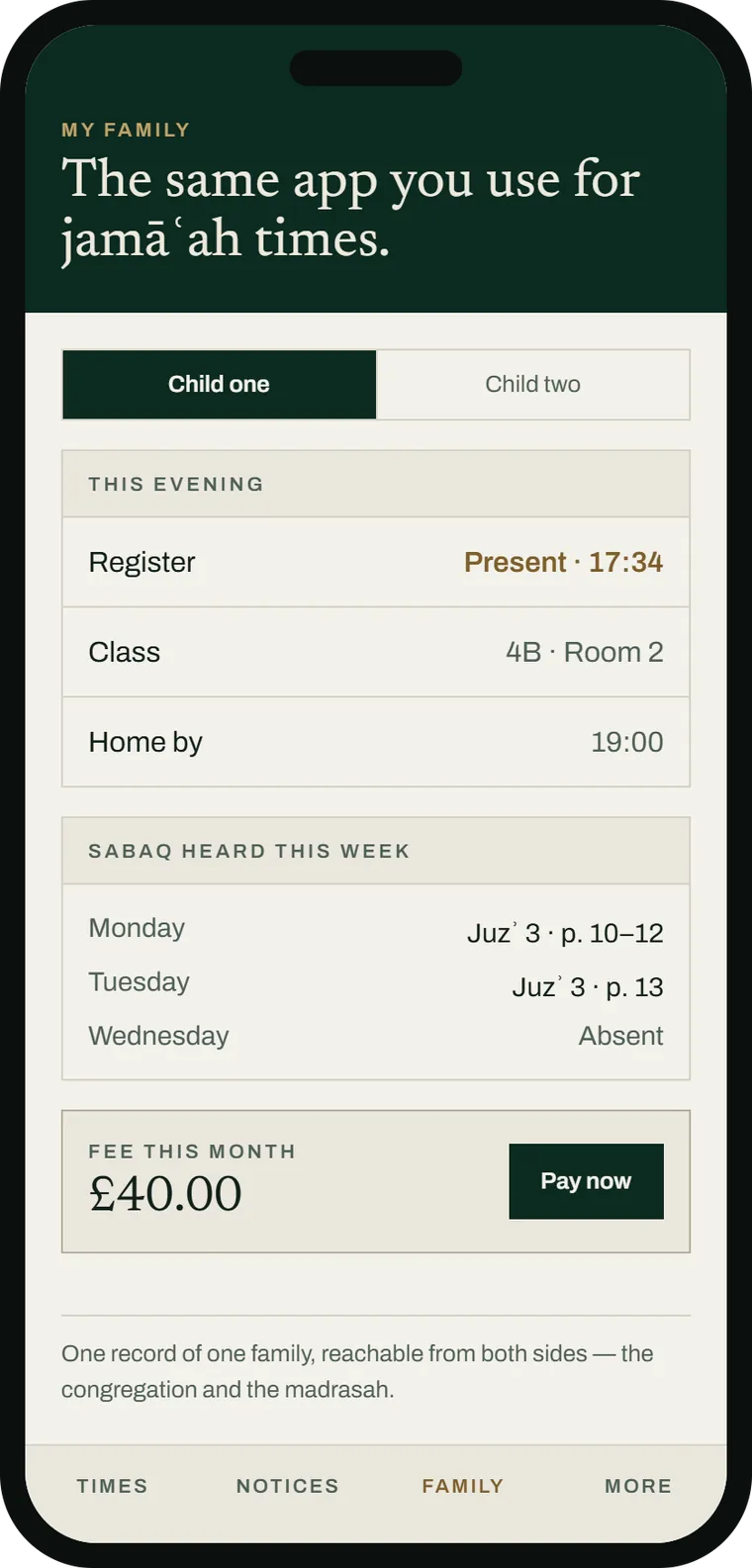 Interface preview of parent access inside the congregation app: this evening's attendance mark, the sabaq heard this week, and the fee due this month, for one child. Example data only.